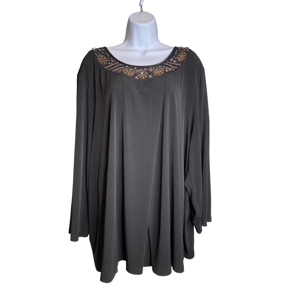 Catherines Black‎ Embellished Neckline Long Sleeve Tunic Top Sz 3X Going Out